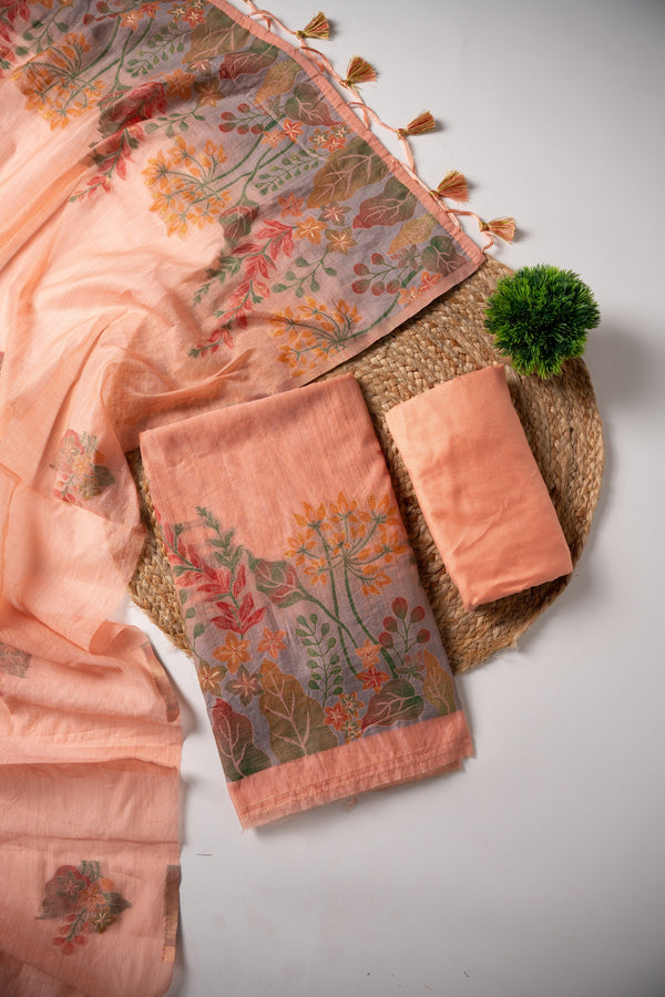 Trendy Tales Peach Cotton Unstitched Suit Set